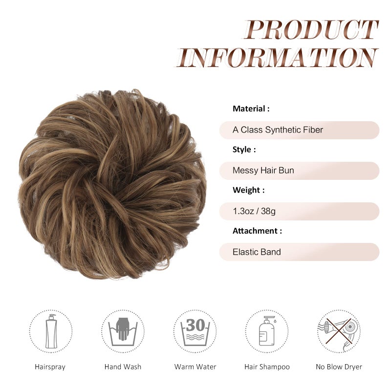 FESHFEN Messy Bun Hair Piece - Elastic Wavy Curly Hair Bun Scrunchies Extensions Synthetic Chignon Hairpieces for Women Girls, Brown Mixed Honey Blonde 1.5 oz - Image 5